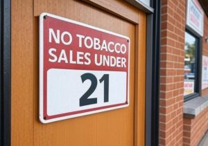No Tobacco Sales Under 21 sign on a store door, illustrating Tobacco 21 compliance 2025 regulations for retailers.