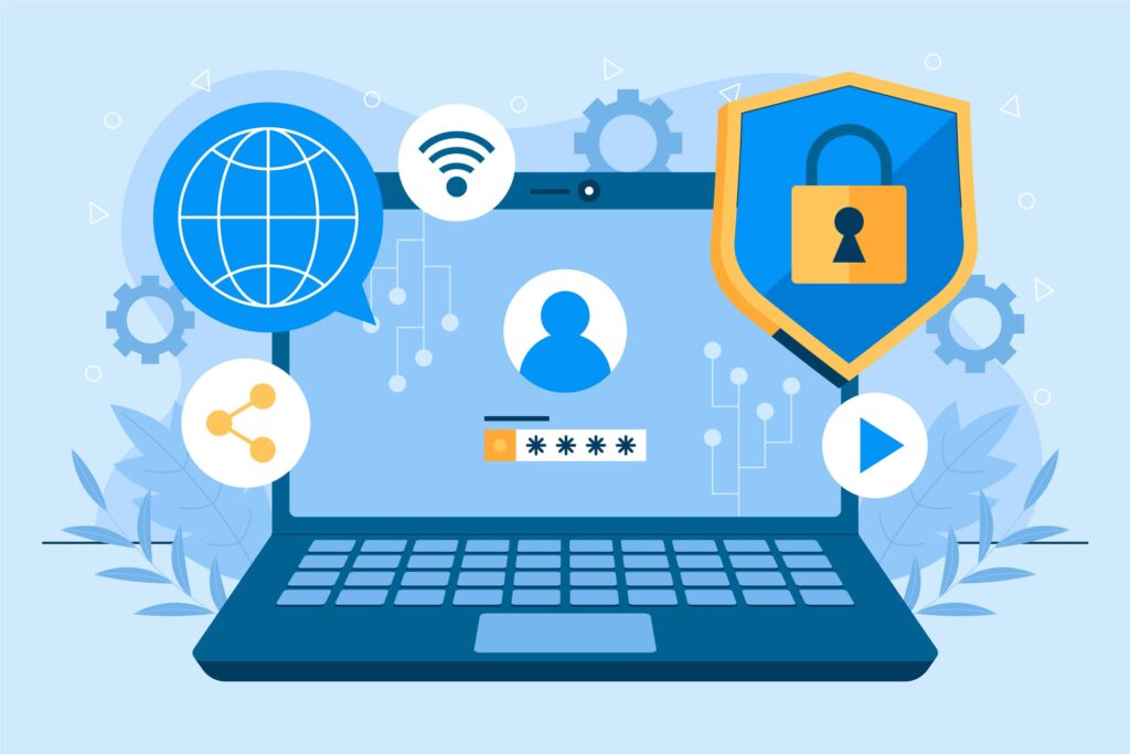 Illustration of a secure login screen with icons representing internet, Wi-Fi, and data protection.