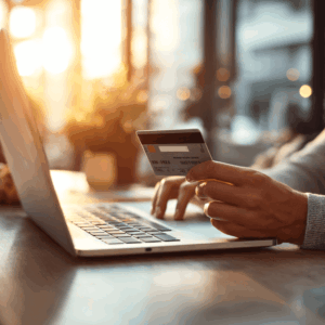 Person making an online purchase with a credit card using a laptop, with warm sunlight streaming through a window in the background.
