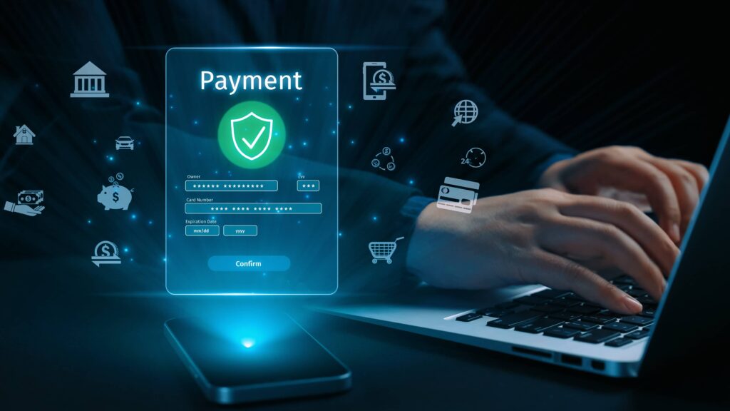 Person typing on a laptop with a holographic interface displaying secure online payment details and financial icons, representing digital transaction security.
