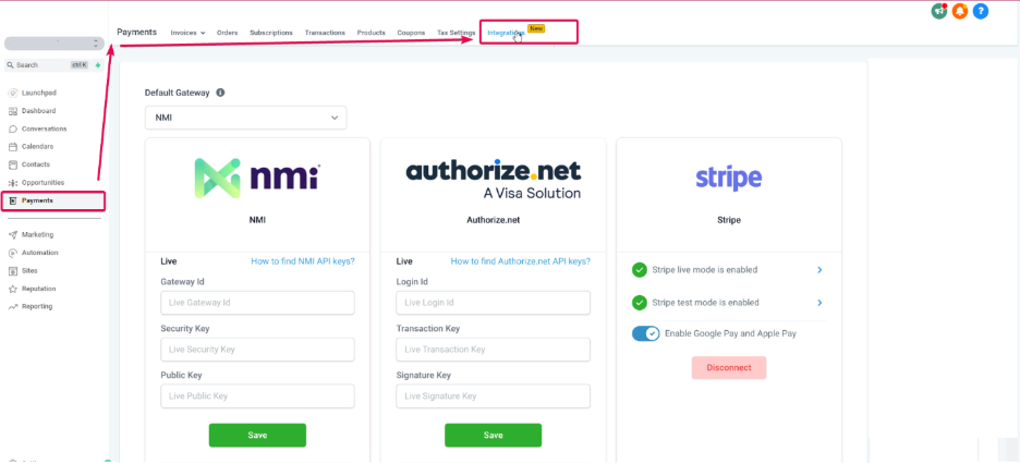 Step-by-step guide to adding NMI payment gateway in GoHighLevel with integration settings for NMI, Authorize.net, and Stripe.