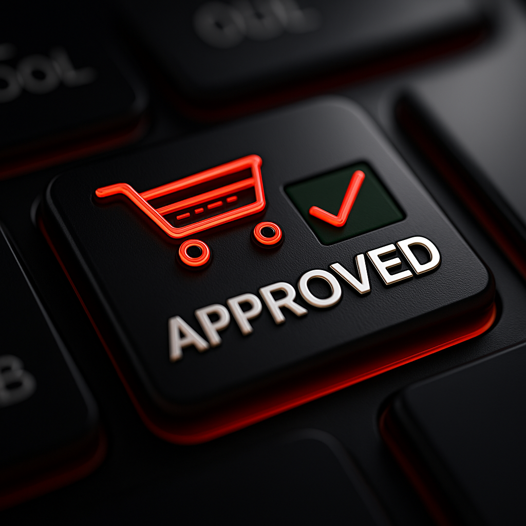 A keyboard key with a shopping cart icon, a green checkmark, and the word "APPROVED" highlighted in red lighting.