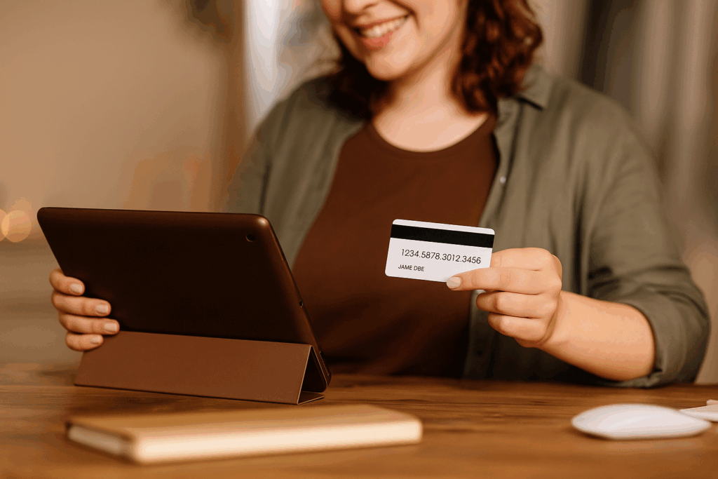 A woman holds a credit card in one hand and a tablet computer in the other, focused on her digital transaction.