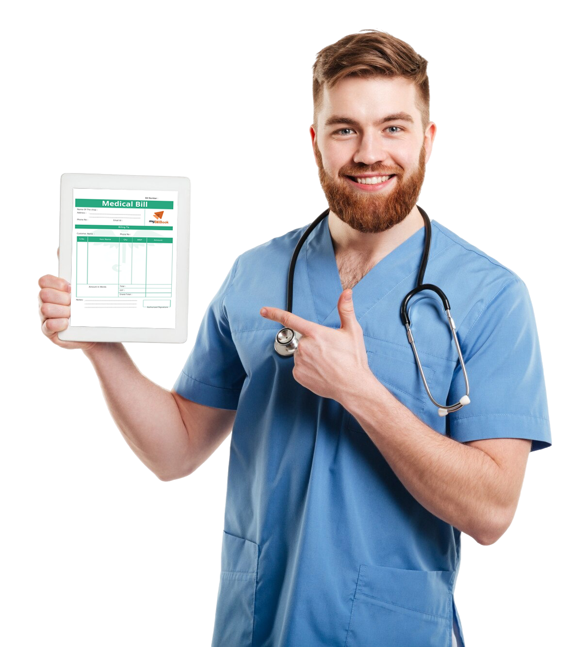 medical-doctor-nurse-pointing-finger-blank-screen-tablet