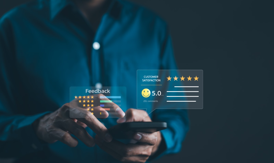 cutomer reading review on mobile device