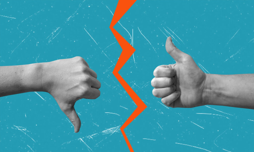 modern-art-collage-hands-showing-thumbs-up-thumbs-down