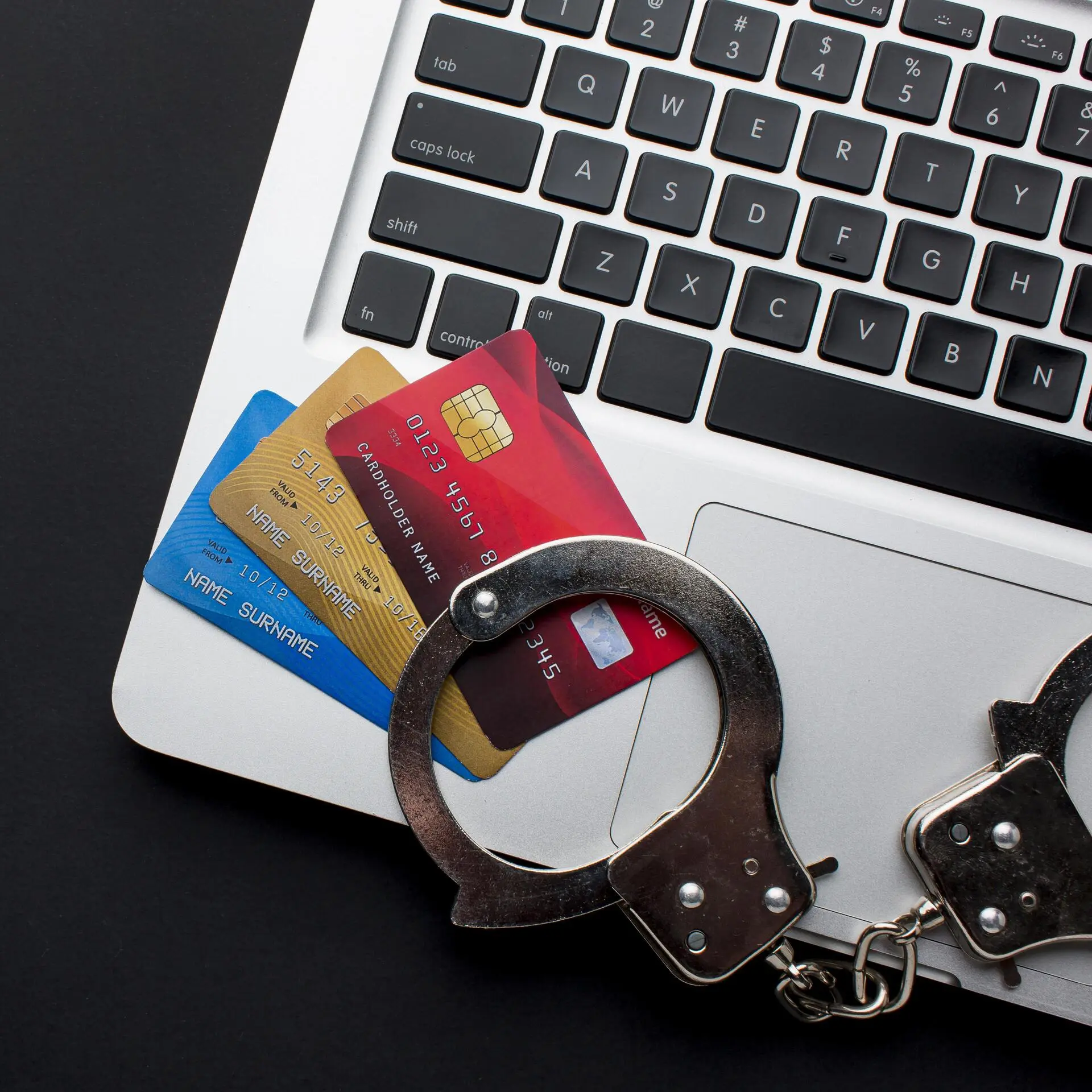 top-view-laptop-with-credit-cards-handcuffs