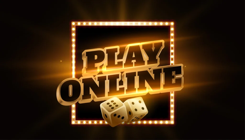 Gold text reading “Play Online” with two dice in front, surrounded by a lit marquee frame and a dark background with glowing light effects.